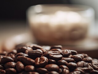 Close-up of coffee beans in the foreground with out-of-focus cups and drinks in the background, using a macro lens for product photography to highlight clear textures and colors.