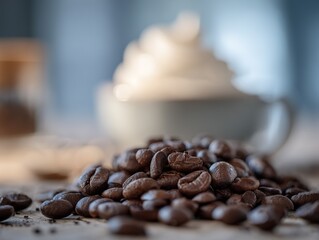 Close-up of coffee beans in the foreground with out-of-focus cups and drinks in the background, using a macro lens for product photography to highlight clear textures and colors.