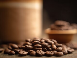 Close-up of coffee beans in the foreground with out-of-focus cups and drinks in the background, using a macro lens for product photography to highlight clear textures and colors.