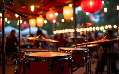 A drum set is setup under a canopy of colorful lanterns for an outdoor music event. High quality