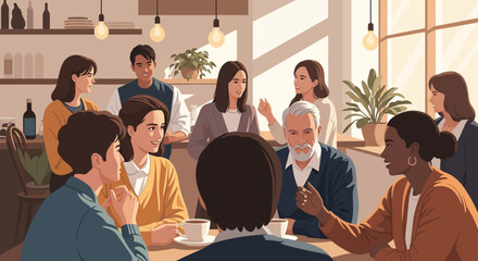 A clean vector illustration of a business meeting in a bright, modern cafe, showcasing teamwork and collaboration among diverse professionals