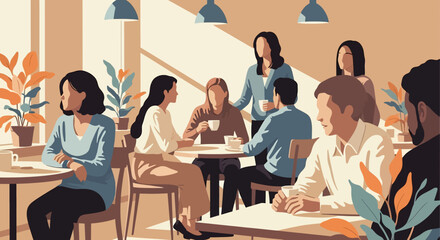 A clean vector illustration of a business meeting in a bright, modern cafe, showcasing teamwork and collaboration among diverse professionals