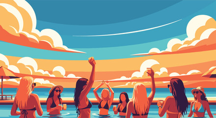 A lively vector illustration captures women celebrating a vibrant summer pool party with drinks, epitomizing fun and relaxation on vacation