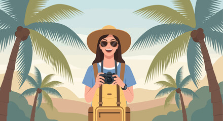 Tropical summer vacation vector illustration: happy woman traveler with backpack and camera on a sunny beach with palm trees