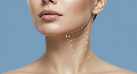 Woman's Face and Neck with Collagen Thread Lifting Arrows Against Blue Background