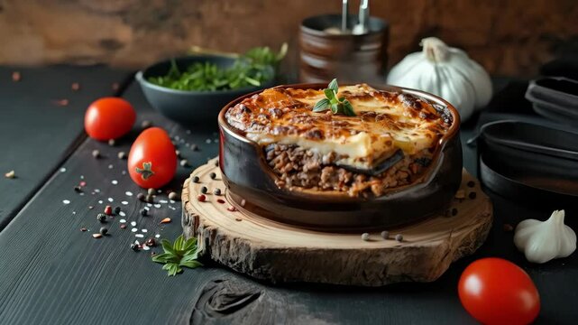 Greek moussaka in a ceramic dish with layers of eggplant, minced meat and creamy bechamel sauce