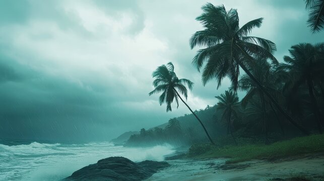 Photograph of palm trees blowing in the wind during a hurricane on a tropical island. - Powered by Adobe