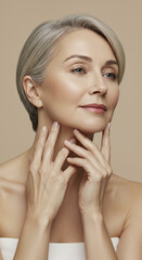 Middle-Aged Woman Touching Neck for Collagen Therapy Promotion