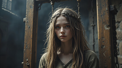 the head of a girl with long disheveled hair clamped in a guillotine, a scene of a medieval execution, a sentence