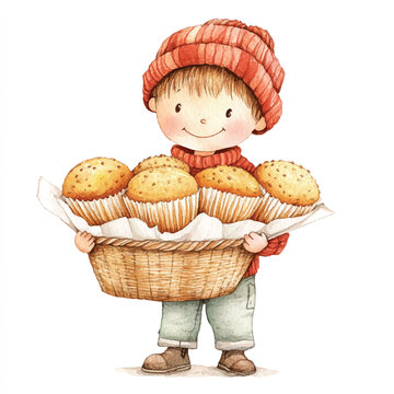 Watercolor Boy Holding a Basket of Muffin