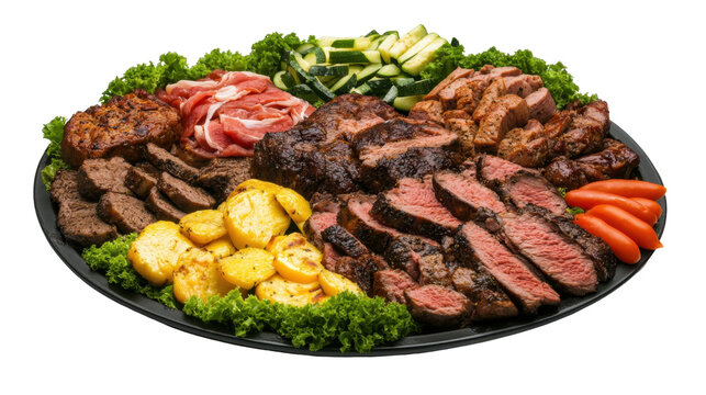 Assorted Meat Platter Featuring Grilled Steak, Sliced Beef, And Fresh Vegetables On A Black Tray