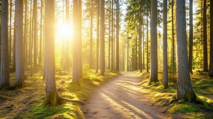 Fototapeta premium Sunlit forest path with golden rays through trees, a serene nature escape