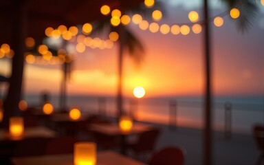 blurred bokeh light on sunset with yellow string lights decor in beach restaurant. High quality