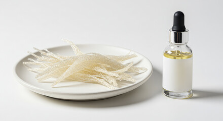 Pile of Collagen Threads Next to a Dropper Bottle