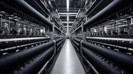 Long, symmetrical rows of automated looms at a modern textile factory.