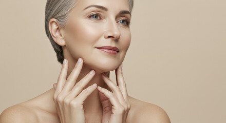 Smiling Mature Woman Touches Face Demonstrating Collagen Thread Lift Effects