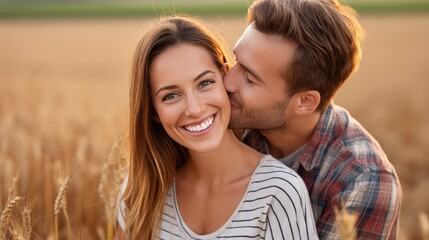 Fototapeta premium Happy young couple smiling outdoors in a wheat field during golden hour