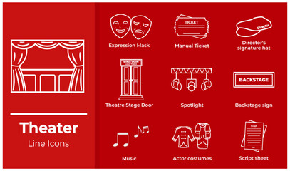 A set of theater show icons in line art style. 
Includes classic theater elements such as drama masks, 
admission tickets, director’s hat, spotlight, stage costumes, 
scripts, audience seats, theater 