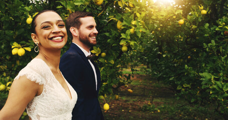 Walking, couple and smile for wedding, outdoor or romance for newlyweds, man and bonding with...