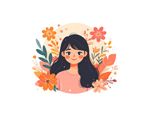 Smiling girl with black hair surrounded by colorful floral elements