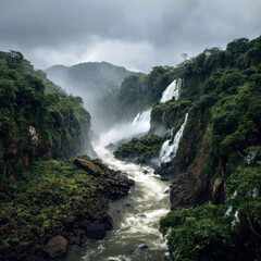 Fototapeta premium Cascading Waterfalls Flowing Through Lush Green Tropical Landscape on Overcast Day
