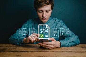 Person reviewing project go-live documents on a mobile phone.