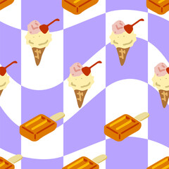 Seamless Ice Cream Cone Pattern Design. Seamless cartoon pattern with ice cream cones and orange ice bars on a wavy lilac and white background. Flat summer dessert design.