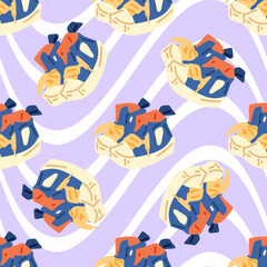 Seamless Packed Camping Gear Pattern. Seamless cartoon pattern with colorful packed camping backpacks in soft baskets. Flat style on a wavy lilac and white background.