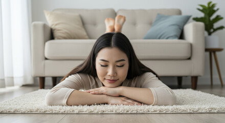 Asian 30years Woman Relaxing in Tummy Time Position on Carpet in Bright Living Room