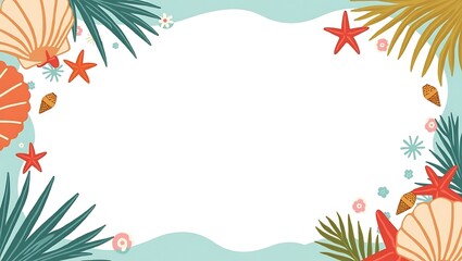 Vibrant summer-themed vector frame with beach elements, starfish, shells, and ocean waves on white background
