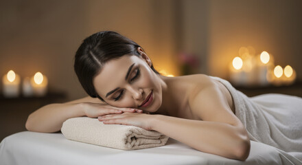 Adult Woman Relaxing, Lying in Tummy Time on Massage Table in Spa with Lit Candles