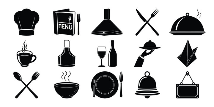 black and white restaurant icons set on a white background