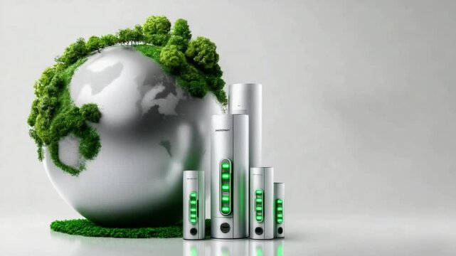 Showcasing innovative technology that promotes sustainability, this display features sleek designs alongside a globe adorned with greenery, highlighting eco-conscious practices and solutions