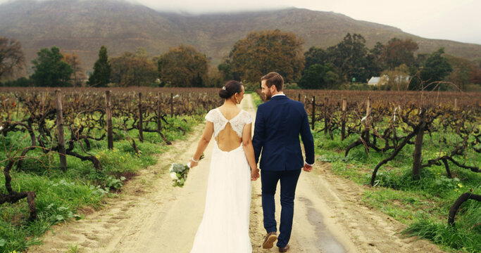 Wedding, holding hands and walking with couple in nature for celebration, support and love. Marriage ceremony, partner and commitment with back of man and woman in countryside for romance and event