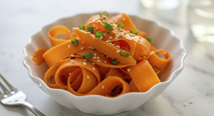 Fresh Carrot Ribbon Salad Topped with Sesame Seeds and Chopped Scallions in a White Bowl