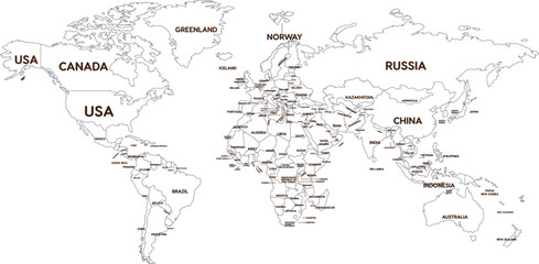 Outline World Map with Major Country Labels