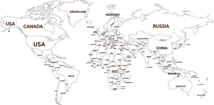Outline World Map with Major Country Labels