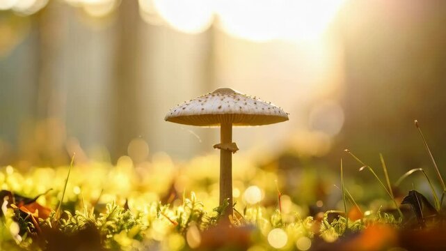 Parasol mushroom in forest at golden hour, illuminated by sunlight, highlighting the mushroom cap and surrounding moss