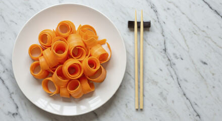 Overhead View of Curled Carrot Ribbons on White Plate with Chopsticks on Marble