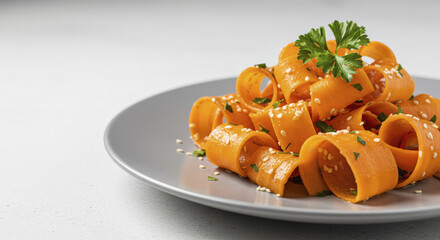 Close-up of Rolled Carrot Salad Topped with Sesame Seeds and Parsley on Gray Plate