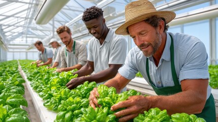Group of farmers tending to vibrant green plants in a sunlit greenhouse