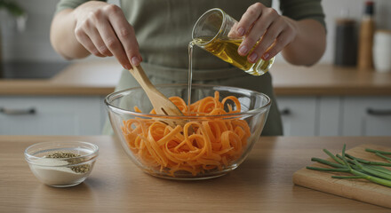 Hands Pouring Oil on Rolled Carrot Salad in Glass Bowl with Spices and Herbs