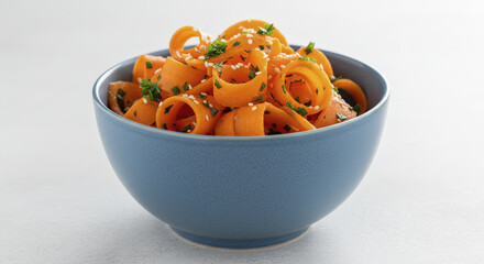 Close-up of Rolled Carrot Salad Topped with Sesame Seeds and Parsley in Blue Bowl