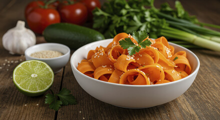 Fresh Carrot Ribbon Salad with Sesame Seeds in Bowl on Wooden Surface