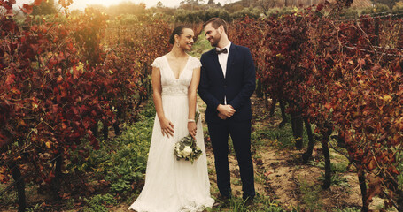 Couple, vineyard and happy at wedding with bouquet, love and excited with commitment in nature. People, bride and groom with flowers, smile and trust with marriage, loyalty and relationship in Italy