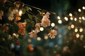 Soft pink blossoms and string lights at night.