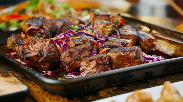 A vibrant Haitian dish Griot. Tender, marinated and fried pork cubes with a refreshing spicy slaw Pikliz. Perfect for a flavorful and cultural dining experience