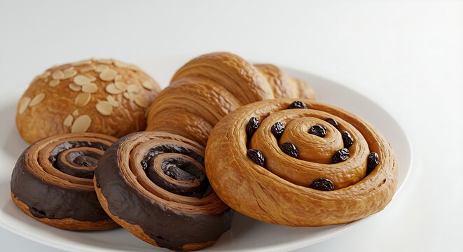 Close-up view of chocolate pastries, almond croissants, and delightful spiral raisin Danish. - Powered by Adobe