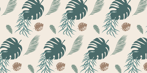 Abstract foliage and botanical seamless summer pattern background. tropical leaves, palm leaf in hand drawn pattern. Exotic background for banner, prints, decor, wall art, fashion or fabric.