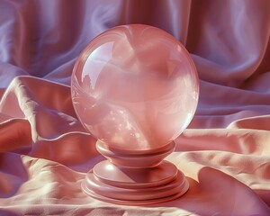 Pink crystal ball on a pink silk fabric A large translucent sphere rests on a tiered stand